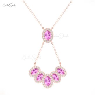 Diamond Multi Halo Y Necklace In 14k Pure Gold Pink Sapphire 1.76 Ct Oval Chain Necklace