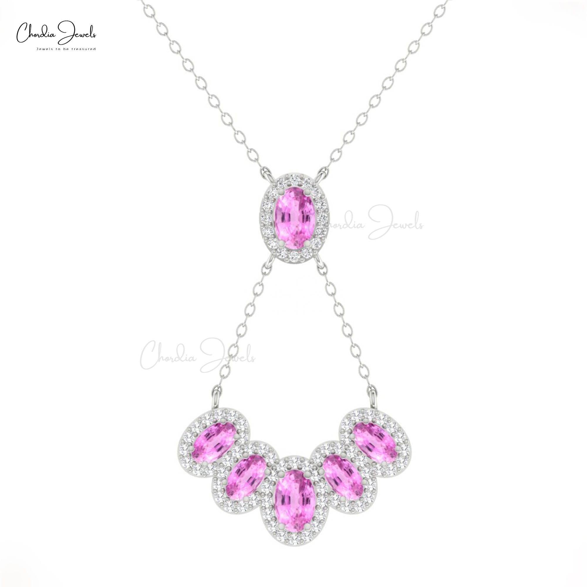 Diamond Multi Halo Y Necklace In 14k Pure Gold Pink Sapphire 1.76 Ct Oval Chain Necklace