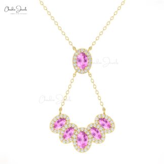 Diamond Multi Halo Y Necklace In 14k Pure Gold Pink Sapphire 1.76 Ct Oval Chain Necklace