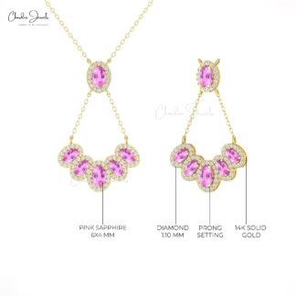 Diamond Multi Halo Y Necklace In 14k Pure Gold Pink Sapphire 1.76 Ct Oval Chain Necklace