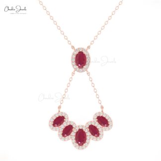 AAA Ruby 1.7 Ct Oval Cut Y Necklace With Multi Halo Diamond 14k Solid Gold Fine Jewelry