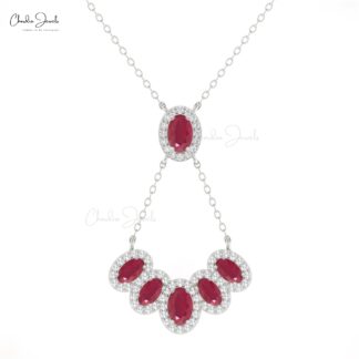 AAA Ruby 1.7 Ct Oval Cut Y Necklace With Multi Halo Diamond 14k Solid Gold Fine Jewelry