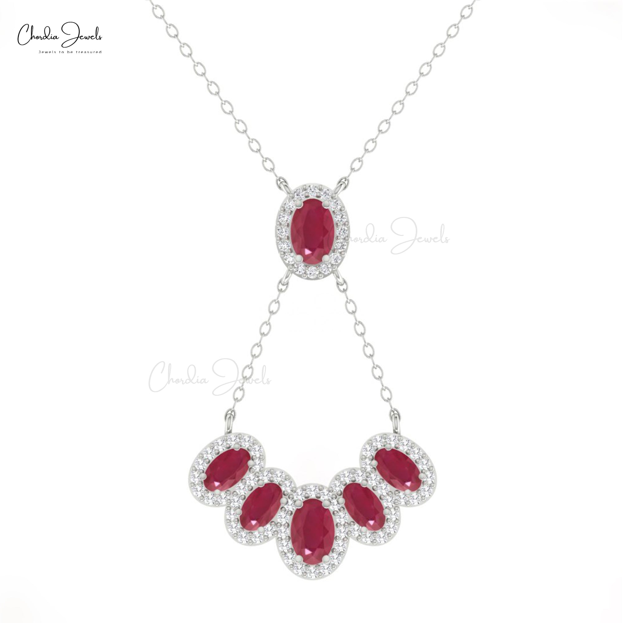 AAA Ruby 1.7 Ct Oval Cut Y Necklace With Multi Halo Diamond 14k Solid Gold Fine Jewelry