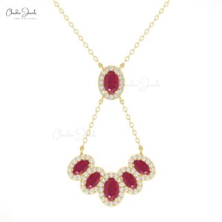 AAA Ruby 1.7 Ct Oval Cut Y Necklace With Multi Halo Diamond 14k Solid Gold Fine Jewelry