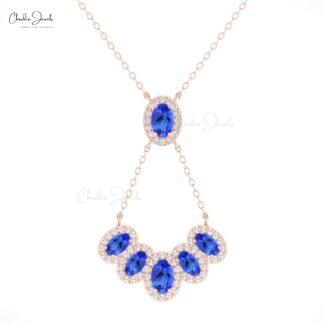Genuine Tanzanite Cluster Y Necklace In Solid 14k Gold Halo Diamond Hallmarked Jewelry