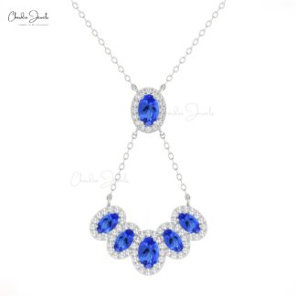 Genuine Tanzanite Cluster Y Necklace In Solid 14k Gold Halo Diamond Hallmarked Jewelry