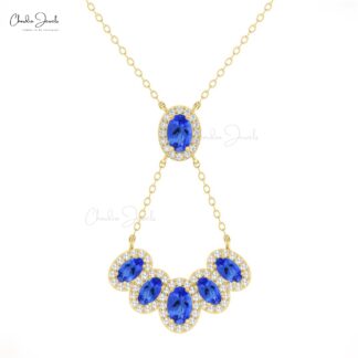 Genuine Tanzanite Cluster Y Necklace In Solid 14k Gold Halo Diamond Hallmarked Jewelry