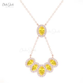 Pure 14k Gold Multi Halo Necklace With 1.76 Ct Yellow Sapphire Y Chain Necklaces For Her
