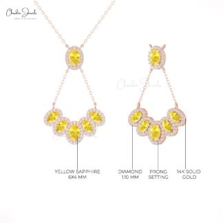 Pure 14k Gold Multi Halo Necklace With 1.76 Ct Yellow Sapphire Y Chain Necklaces For Her