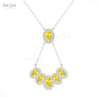 Pure 14k Gold Multi Halo Necklace With 1.76 Ct Yellow Sapphire Y Chain Necklaces For Her