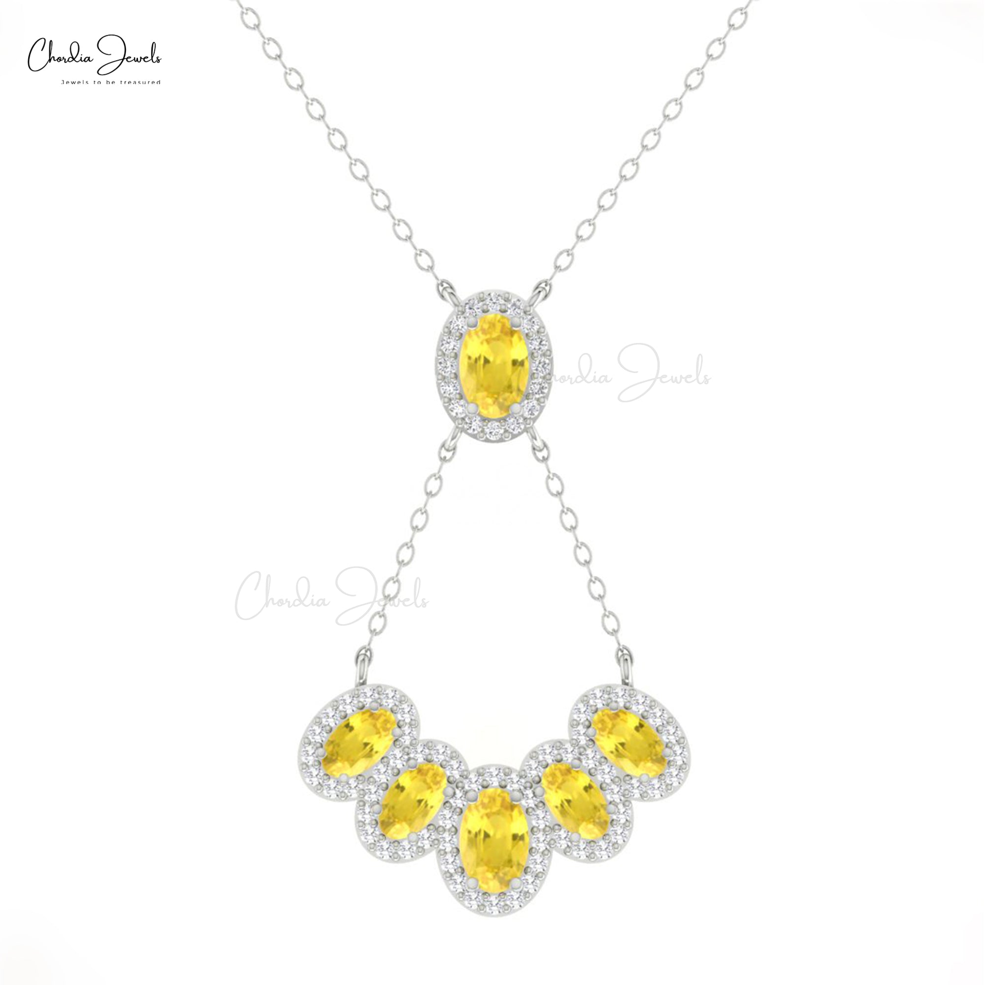 Pure 14k Gold Multi Halo Necklace With 1.76 Ct Yellow Sapphire Y Chain Necklaces For Her
