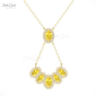 Pure 14k Gold Multi Halo Necklace With 1.76 Ct Yellow Sapphire Y Chain Necklaces For Her