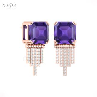 Diamond Drop Earrings With 10mm Amethyst Gemstone Prong Set In 14k Gold Solid Earrings