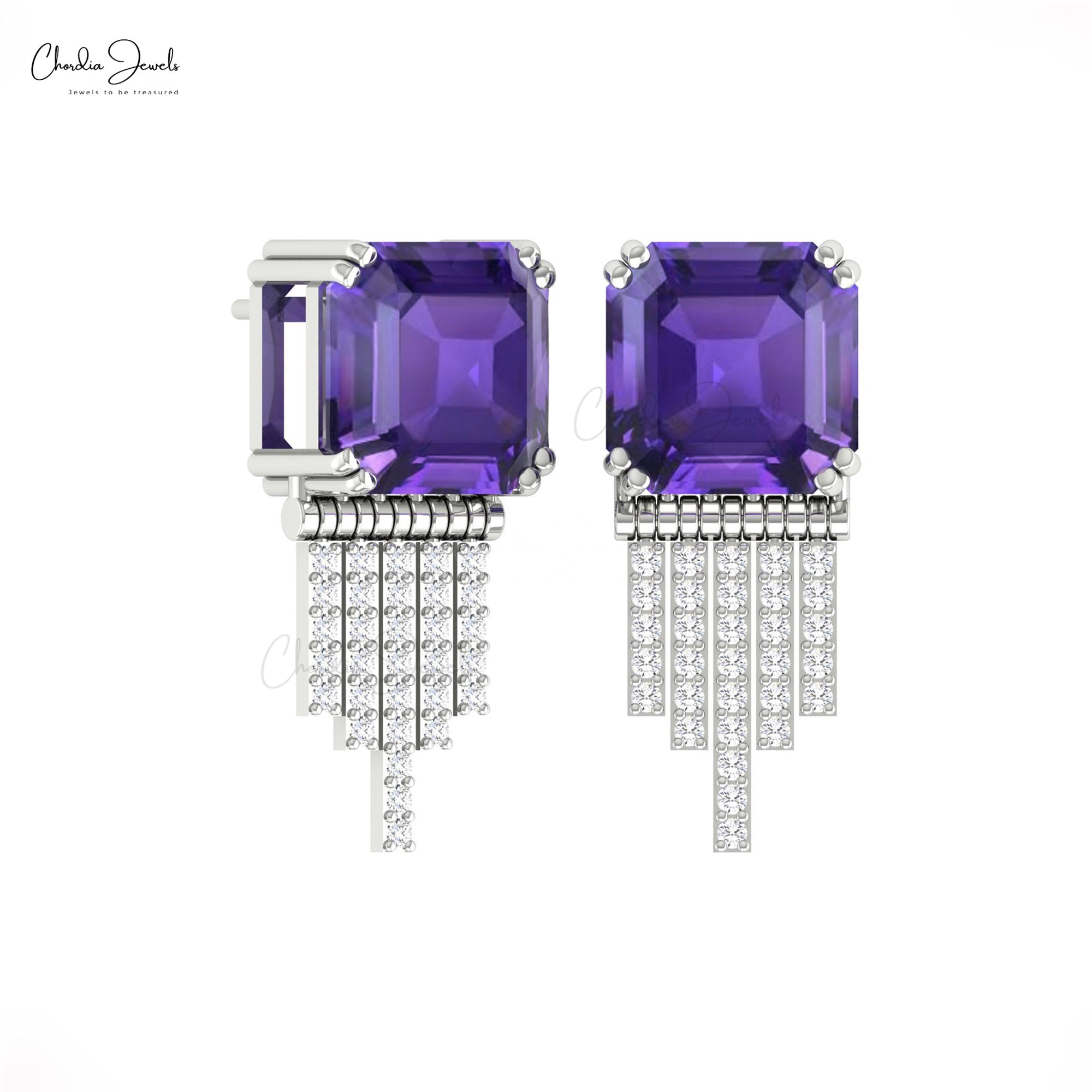 Diamond Drop Earrings With 10mm Amethyst Gemstone Prong Set In 14k Gold Solid Earrings