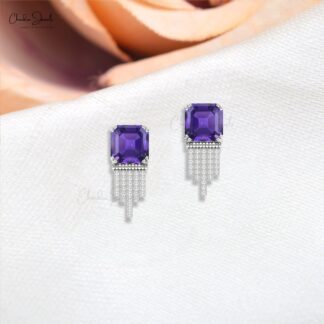 Diamond Drop Earrings With 10mm Amethyst Gemstone Prong Set In 14k Gold Solid Earrings