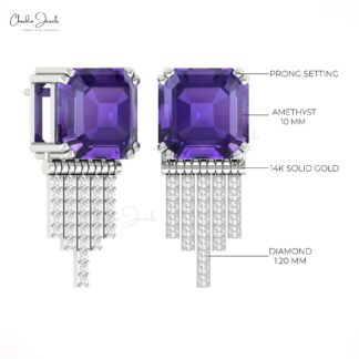 Diamond Drop Earrings With 10mm Amethyst Gemstone Prong Set In 14k Gold Solid Earrings