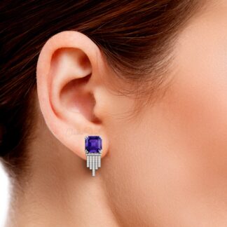 Diamond Drop Earrings With 10mm Amethyst Gemstone Prong Set In 14k Gold Solid Earrings