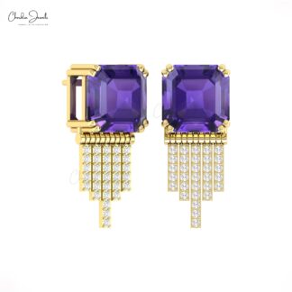 Diamond Drop Earrings With 10mm Amethyst Gemstone Prong Set In 14k Gold Solid Earrings