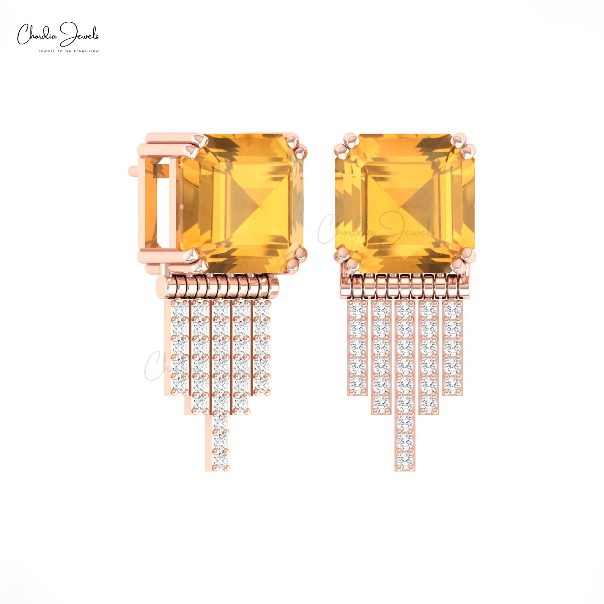 Dangling Push Back Earrings In 14k Real Gold Citrine And Diamond Anniversary Unique Studs