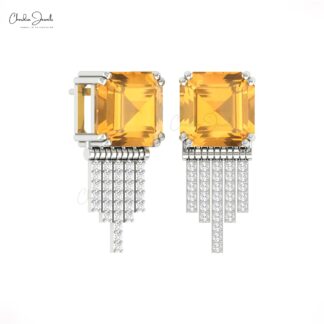 Dangling Push Back Earrings In 14k Real Gold Citrine And Diamond Anniversary Unique Studs