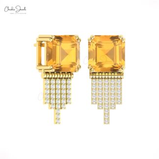 Dangling Push Back Earrings In 14k Real Gold Citrine And Diamond Anniversary Unique Studs