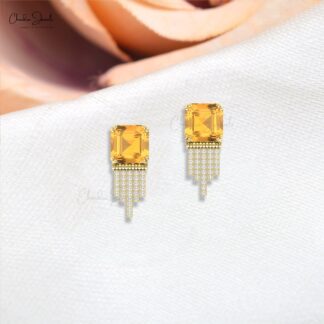 Dangling Push Back Earrings In 14k Real Gold Citrine And Diamond Anniversary Unique Studs