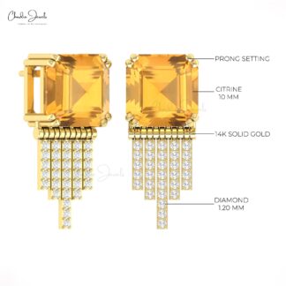 Dangling Push Back Earrings In 14k Real Gold Citrine And Diamond Anniversary Unique Studs