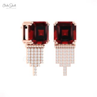 Square Octagon Garnet Drop Stud In 14k Pure Gold G-H Diamond Bar Push Back Earrings
