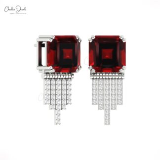 Square Octagon Garnet Drop Stud In 14k Pure Gold G-H Diamond Bar Push Back Earrings