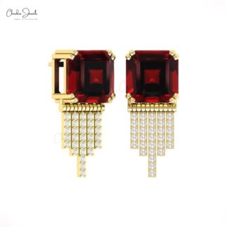 Square Octagon Garnet Drop Stud In 14k Pure Gold G-H Diamond Bar Push Back Earrings