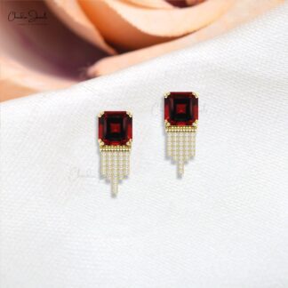 Square Octagon Garnet Drop Stud In 14k Pure Gold G-H Diamond Bar Push Back Earrings
