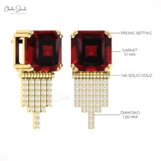 Square Octagon Garnet Drop Stud In 14k Pure Gold G-H Diamond Bar Push Back Earrings