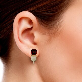 Square Octagon Garnet Drop Stud In 14k Pure Gold G-H Diamond Bar Push Back Earrings
