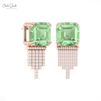 Dangle Wedding Earrings In 14k Real Gold Green Amethyst And Diamond Cluster Jewelry