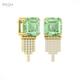 Dangle Wedding Earrings In 14k Real Gold Green Amethyst And Diamond Cluster Jewelry