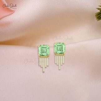 Dangle Wedding Earrings In 14k Real Gold Green Amethyst And Diamond Cluster Jewelry
