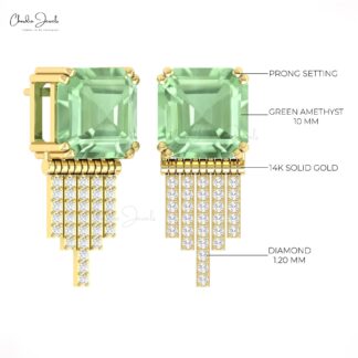 Dangle Wedding Earrings In 14k Real Gold Green Amethyst And Diamond Cluster Jewelry