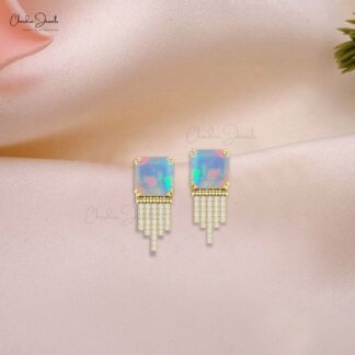 Natural Fire Opal 12 Ct Gemstone Drop Earrings In 14k Real Gold Diamond Fine Jewelry