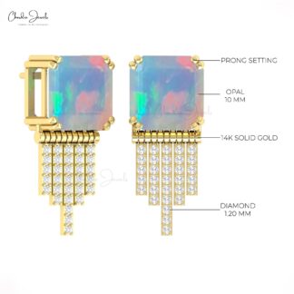 Natural Fire Opal 12 Ct Gemstone Drop Earrings In 14k Real Gold Diamond Fine Jewelry
