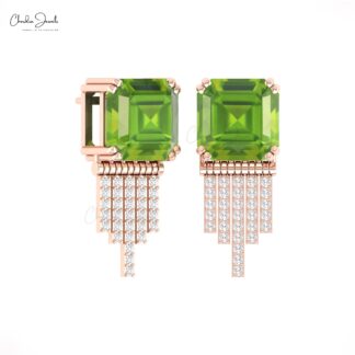 Solid 14k Diamond Bar Stud With 10mm Peridot August Birthstone Drop Bridal Earrings