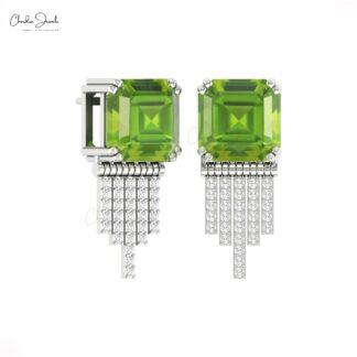 Solid 14k Diamond Bar Stud With 10mm Peridot August Birthstone Drop Bridal Earrings