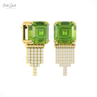 Solid 14k Diamond Bar Stud With 10mm Peridot August Birthstone Drop Bridal Earrings