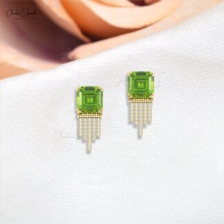 Solid 14k Diamond Bar Stud With 10mm Peridot August Birthstone Drop Bridal Earrings