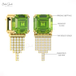 Solid 14k Diamond Bar Stud With 10mm Peridot August Birthstone Drop Bridal Earrings