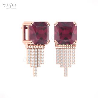 Cluster Diamond Studs With 12 Ct Rhodolite Garnet Drop Dangle Earrings In 14k Real Gold