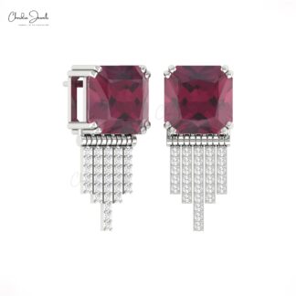 Cluster Diamond Studs With 12 Ct Rhodolite Garnet Drop Dangle Earrings In 14k Real Gold