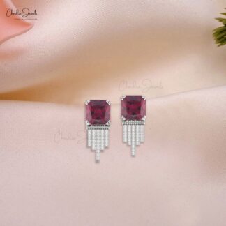 Cluster Diamond Studs With 12 Ct Rhodolite Garnet Drop Dangle Earrings In 14k Real Gold