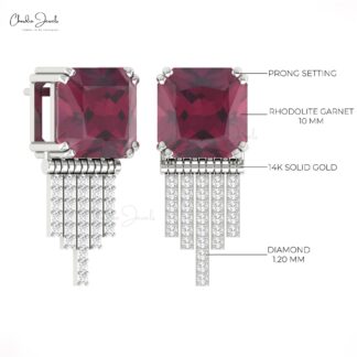 Cluster Diamond Studs With 12 Ct Rhodolite Garnet Drop Dangle Earrings In 14k Real Gold