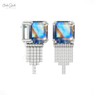 Drop Diamond Earrings With 10mm Rainbow Moonstone Prong Set In 14k Pure Gold Studs