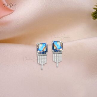 Drop Diamond Earrings With 10mm Rainbow Moonstone Prong Set In 14k Pure Gold Studs